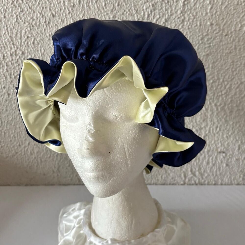 Reversible Satin Sleep Bonnet Hat – Navy & Yellow – Extra Large, Elastic Fit - Picture 15 of 16